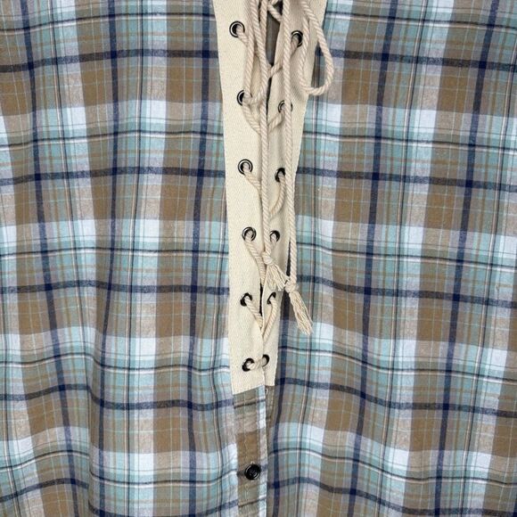 Gimmicks by BKE Blue and Tan Plaid Flannel Lace Up Long Sleeve Shirt Size L - Picture 4 of 14